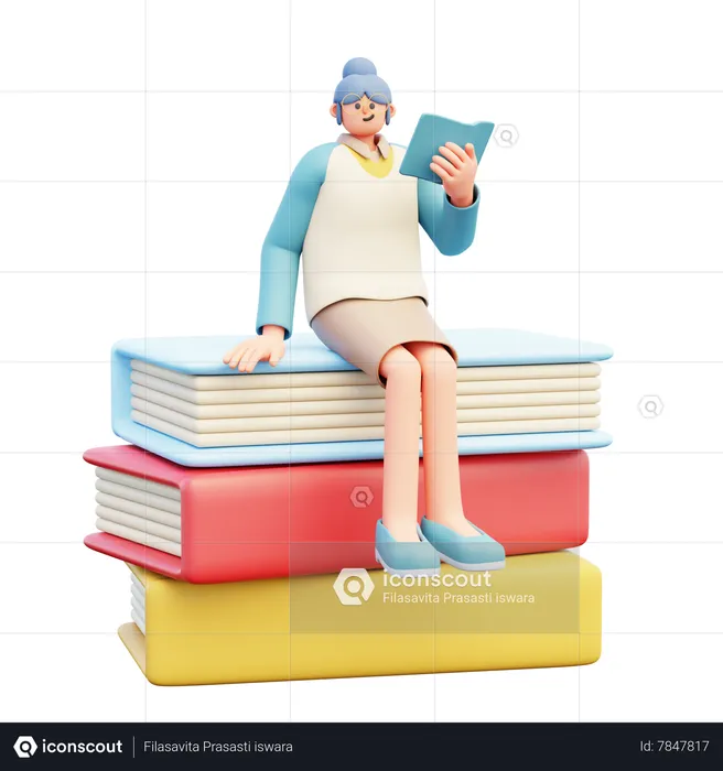 Woman Teacher Sitting On Books  3D Illustration