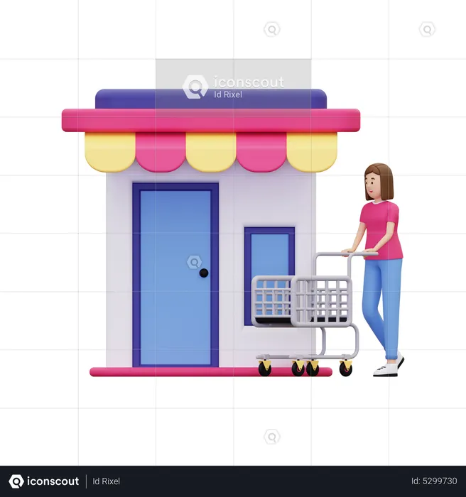 Woman uses shopping cart while shopping in a store  3D Illustration