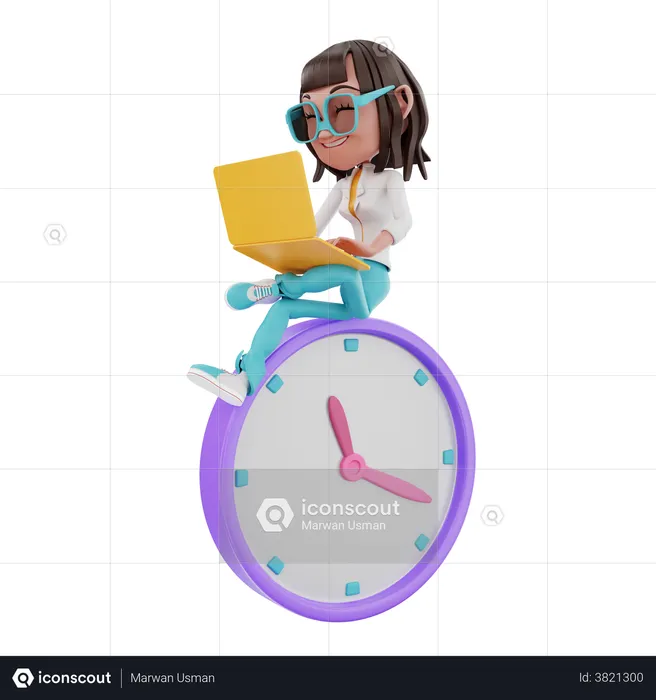Woman using a laptop and sitting on a clock  3D Illustration