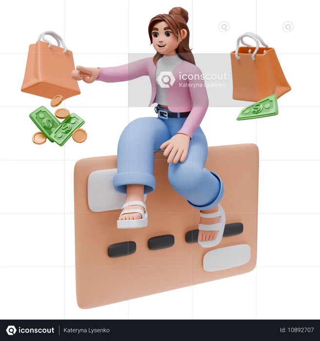 Woman Using Credit Card Doing Shopping Payment With Shopping Bag  3D Illustration