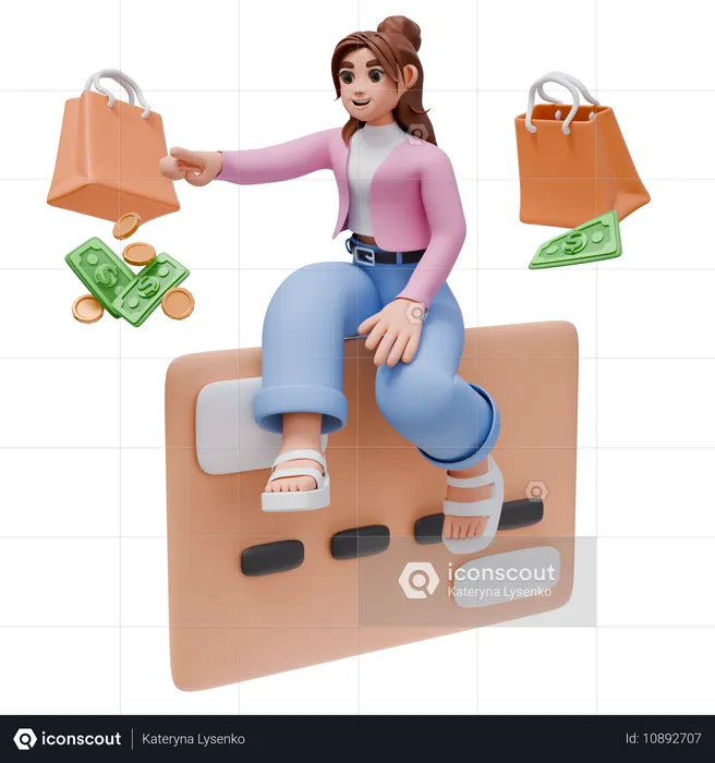 Woman Using Credit Card Doing Shopping Payment With Shopping Bag  3D Illustration