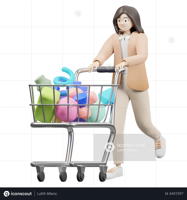 Woman Walking With Shopping Cart  3D Illustration