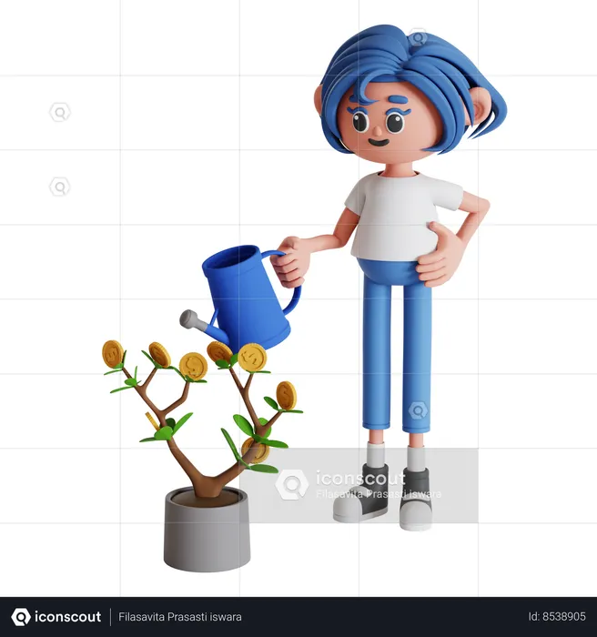 Woman Watering Investment Plant  3D Illustration