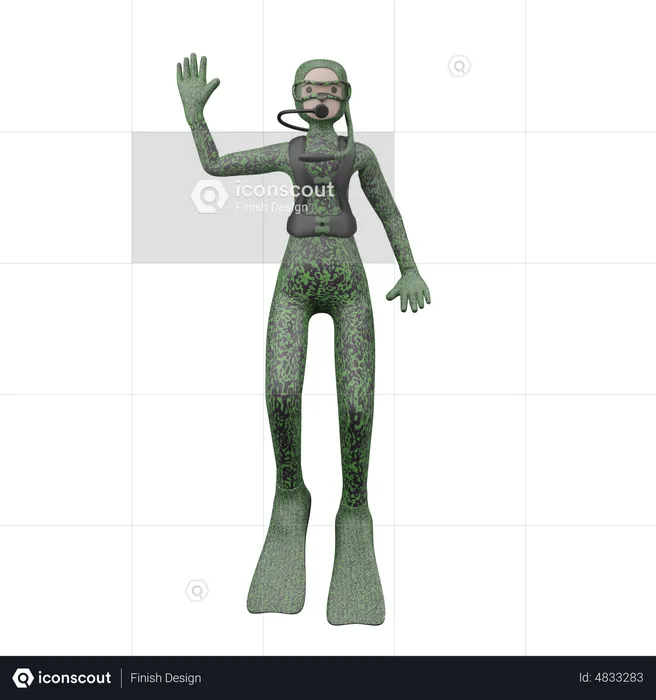 Woman waving hand with Scuba Diving  3D Illustration