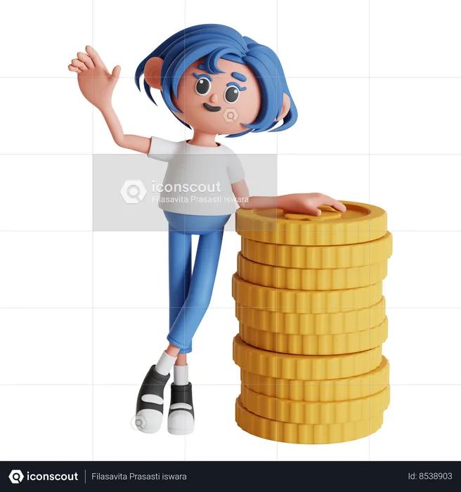 Woman Waving While Leaning On Coin Stack  3D Illustration