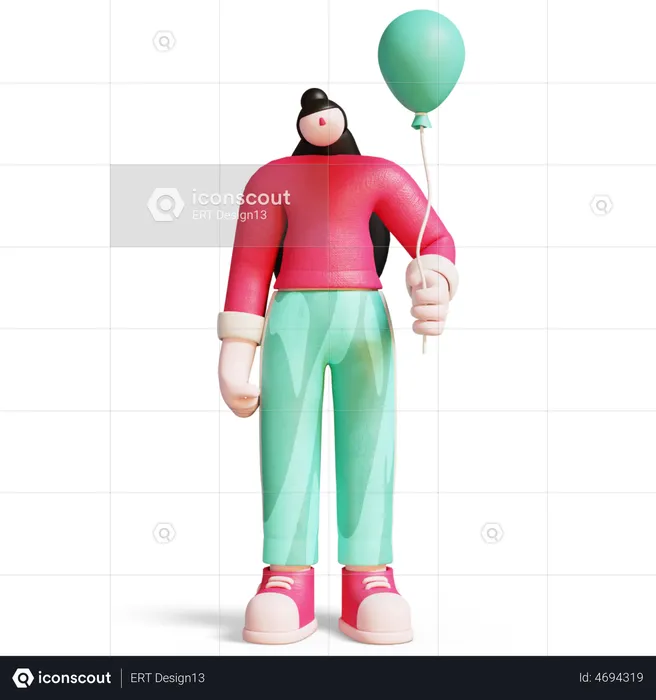 Woman With Balloons Flying In Sky  3D Illustration