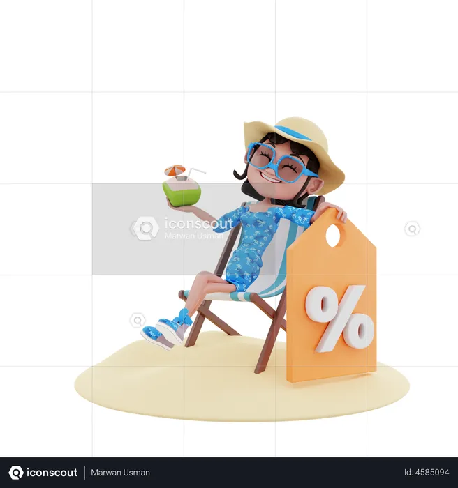Woman with discount tag and coconut  3D Illustration