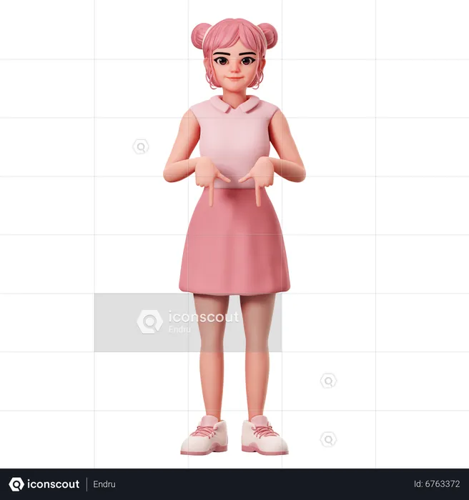 Woman With Double Buns Pointing To Down Side Using Both Hand  3D Illustration