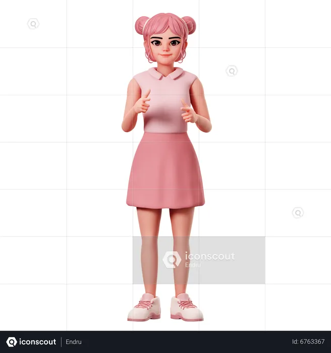 Woman With Double Buns Pointing To Front Side Using Both Hand  3D Illustration