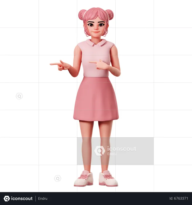Woman With Double Buns Pointing To Left Side Using Both Hand  3D Illustration