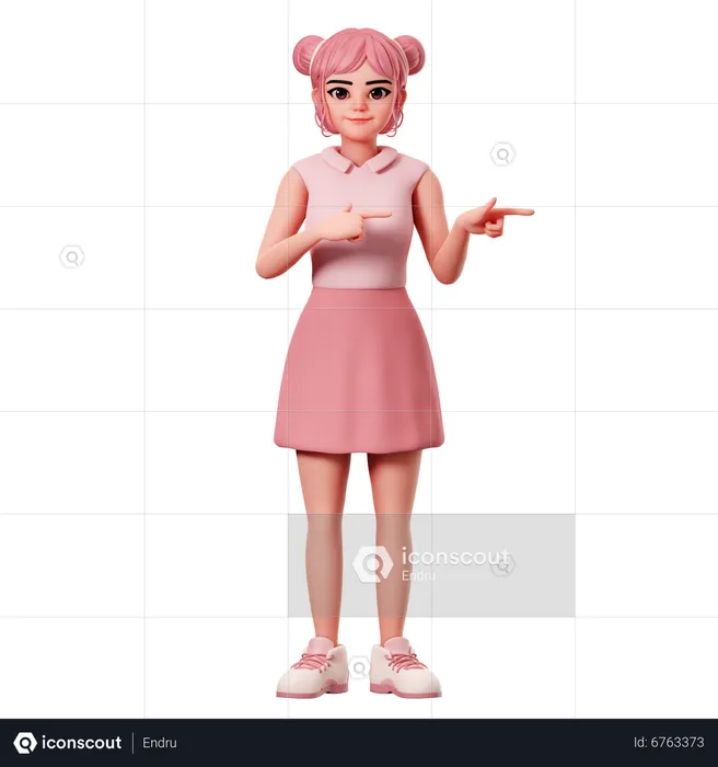 Woman With Double Buns Pointing To Right Side Using Both Hand  3D Illustration
