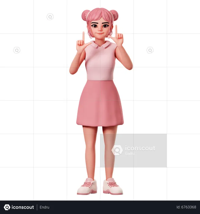 Woman With Double Buns Pointing To Top Side Using Both Hand  3D Illustration