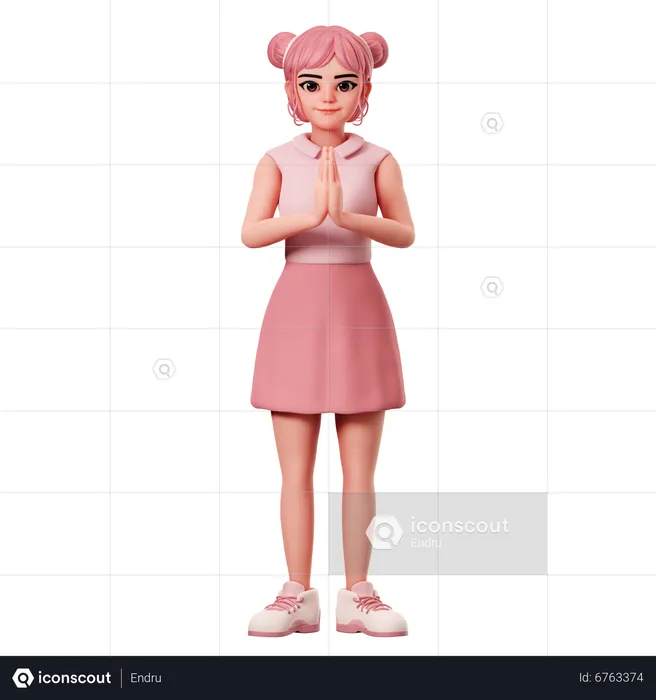 Woman With Double Buns Showing Namaste Hand Gesture  3D Illustration
