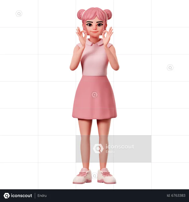 Woman With Double Buns Showing Ok Pose Using Both Hand  3D Illustration