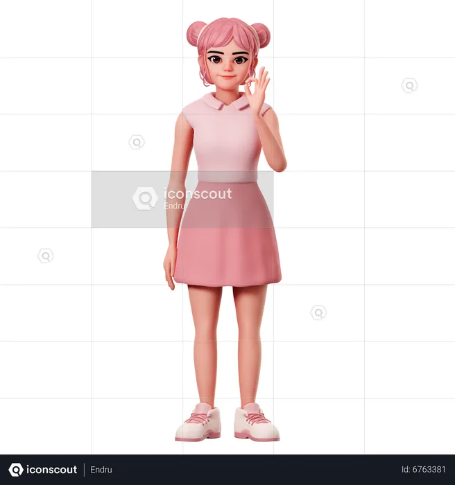 Woman With Double Buns Showing Ok Pose Using Right Hand  3D Illustration