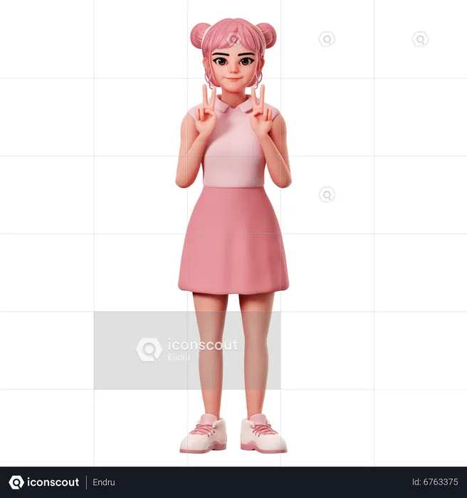 Woman With Double Buns Showing Peace Pose Using Both Hand  3D Illustration