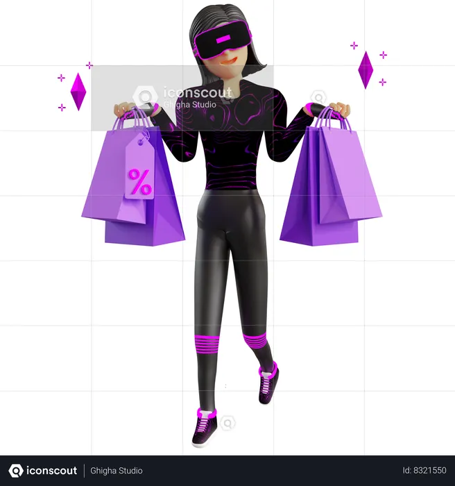 Woman With Shopping Bag On Metaverse  3D Illustration