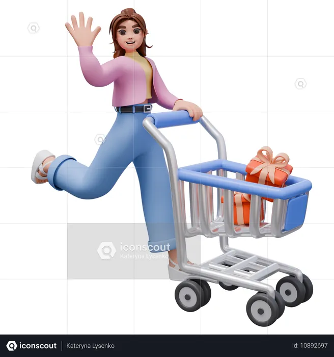 Woman With Shopping Cart While Waving Hand  3D Illustration