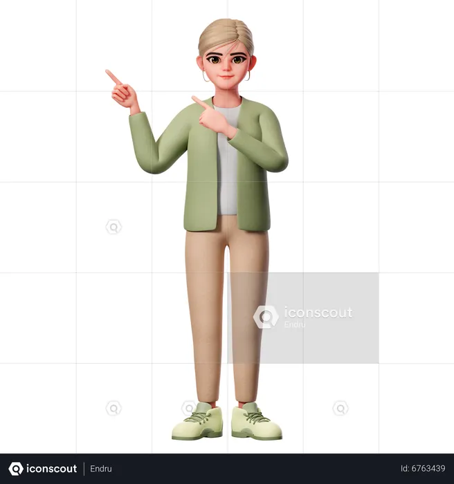 Woman With Well Dressed Pointing To Top Left Side With Both Hand  3D Illustration