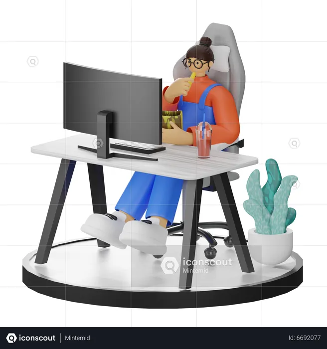 Woman working on computer while eating snack  3D Illustration