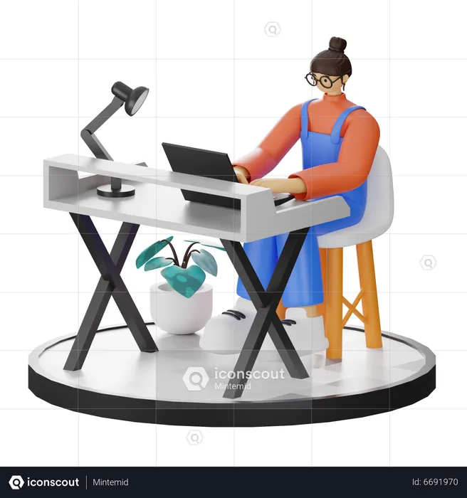 Woman Working On Desk  3D Illustration