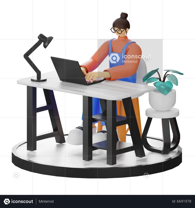 Woman Working On Laptop  3D Illustration