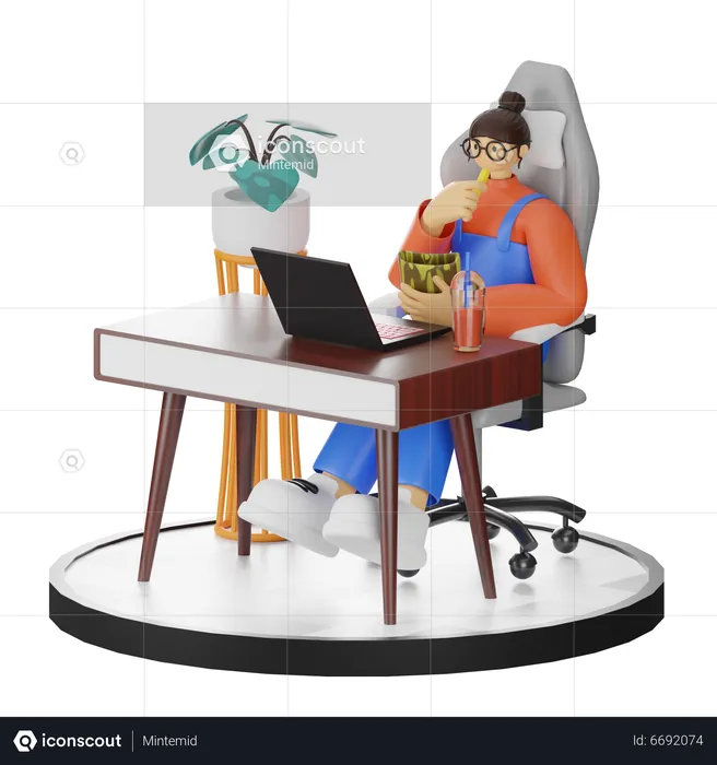 Woman working on laptop while eating snack  3D Illustration