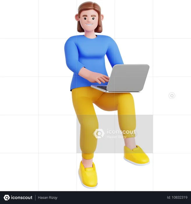 Woman Working with Laptop Flying in air  3D Illustration