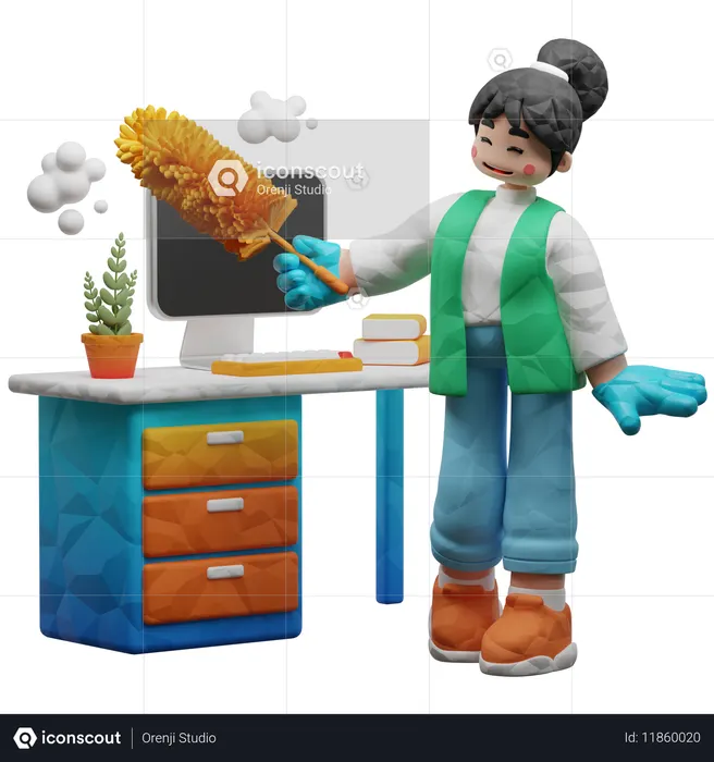 Worker Cleaning Office With Feather Brush  3D Illustration