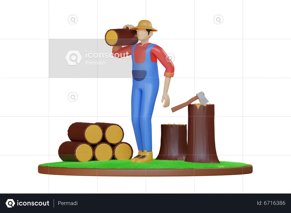 Worker cutting tree and collecting logs  3D Illustration