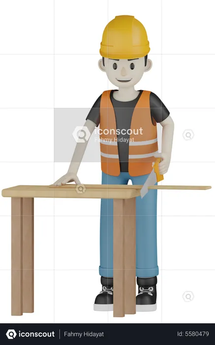 Worker Cutting Wooden Plate  3D Illustration
