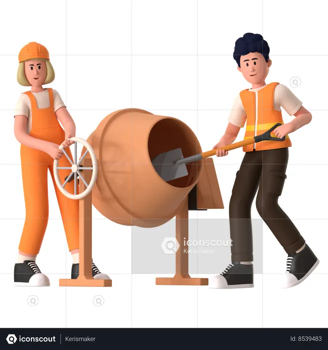 Worker Doing Concrete Cement Mixer  3D Illustration