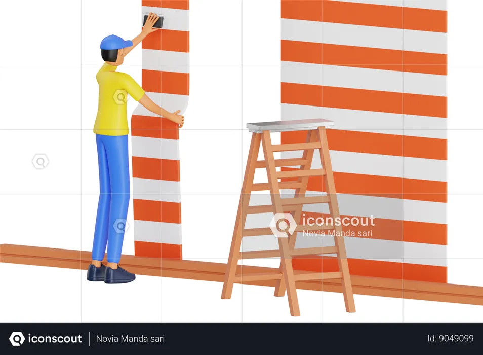 Worker Gluing Wallpaper  3D Illustration