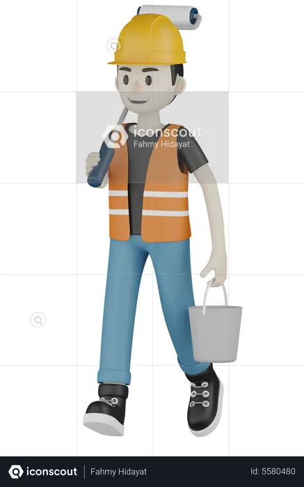 Worker Going For Painting  3D Illustration