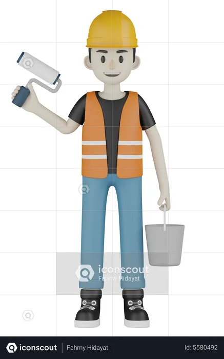Worker Holding Paint Bucket  3D Illustration