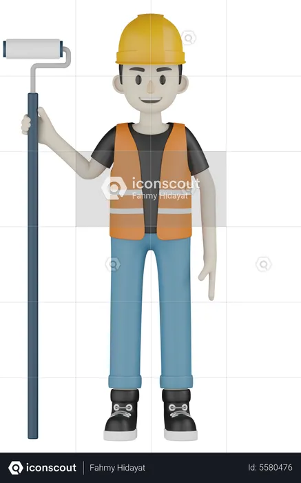 Worker Holding Roller Brush  3D Illustration