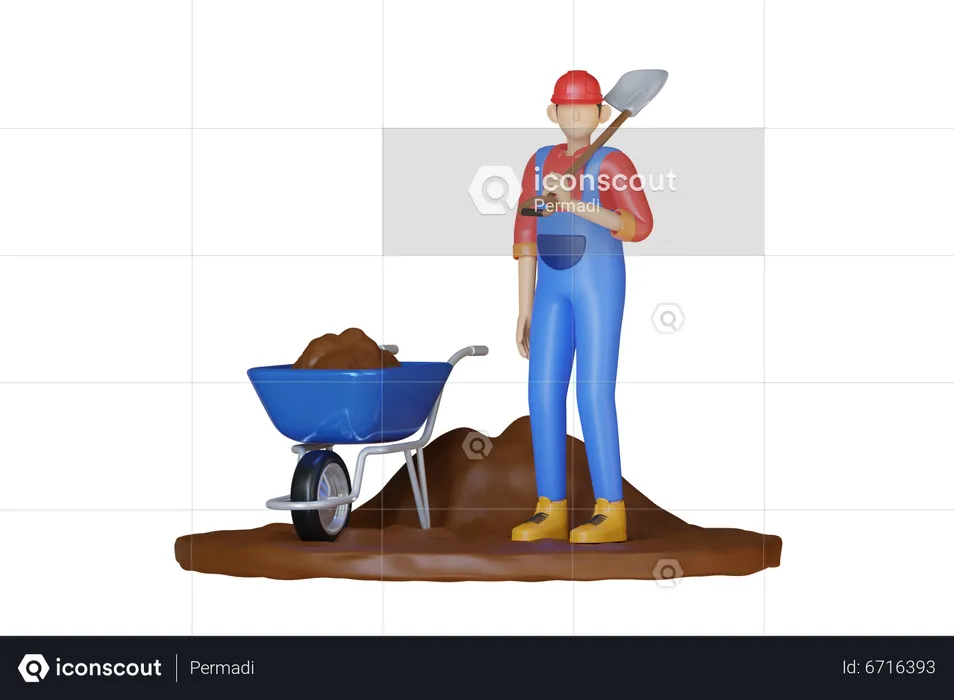 Worker Holding Shovel  3D Illustration