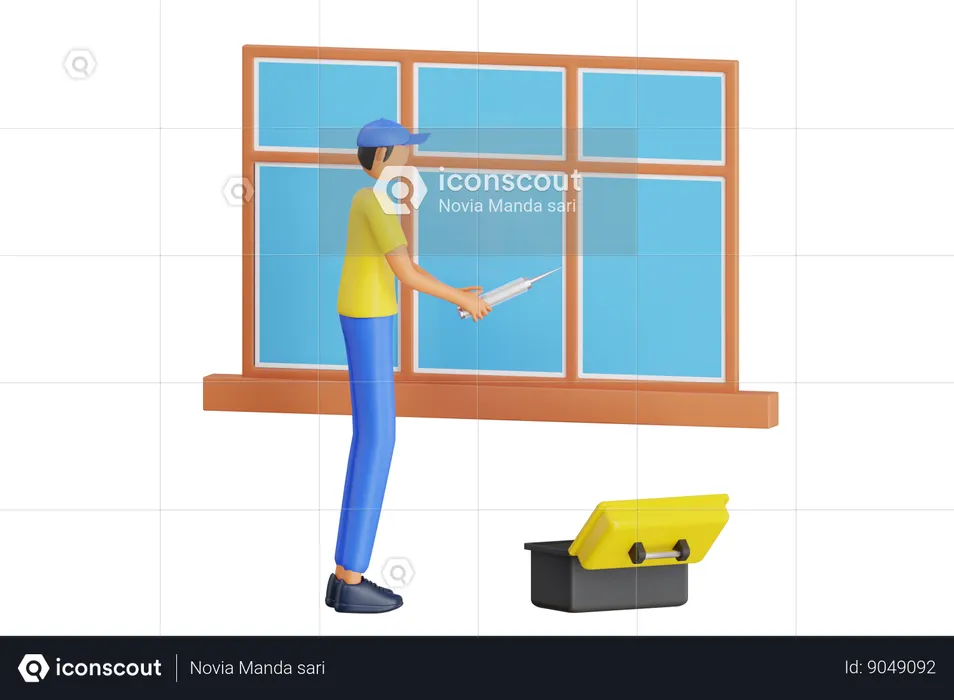 Worker Installing Window Panel  3D Illustration
