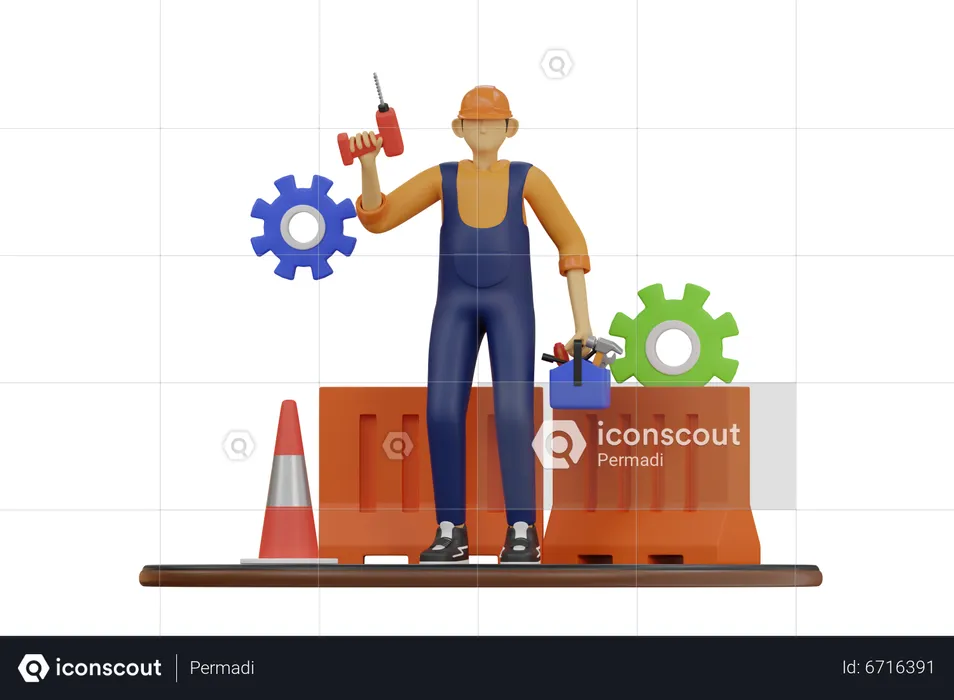 Worker with drill machine  3D Illustration