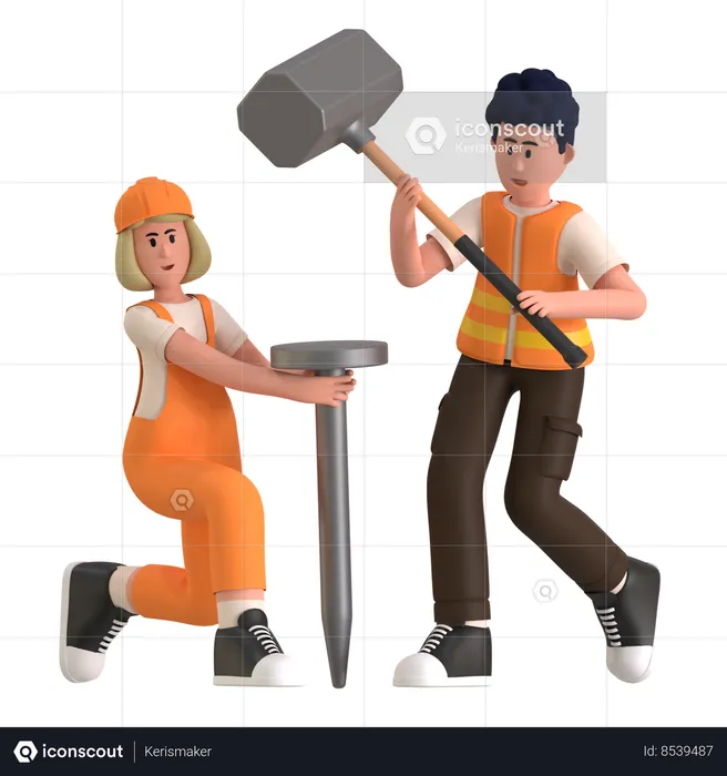 Worker Work With Hammer Nail  3D Illustration