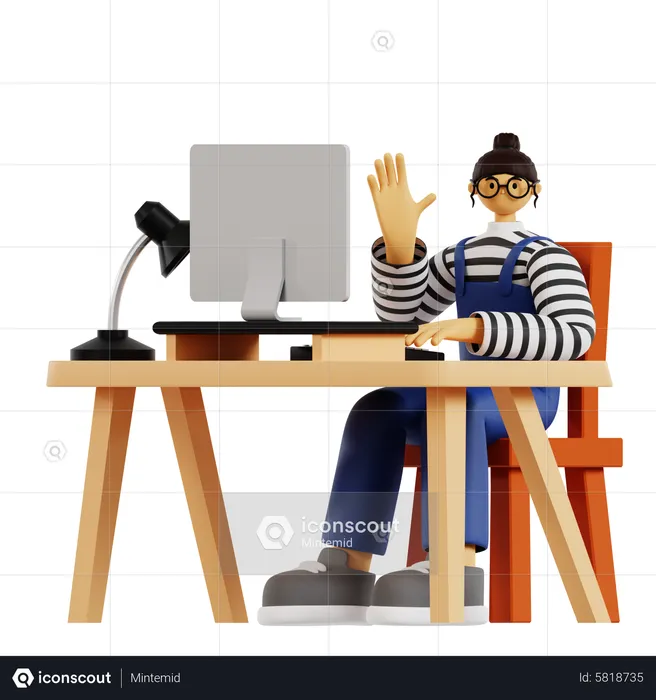 Working woman say hi at workpalce  3D Illustration
