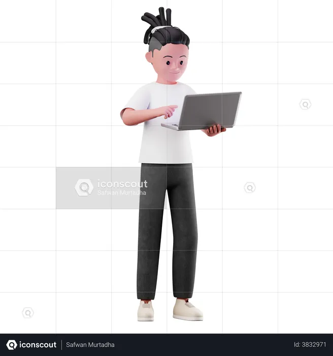 Young Boy Character Using a Laptop  3D Illustration