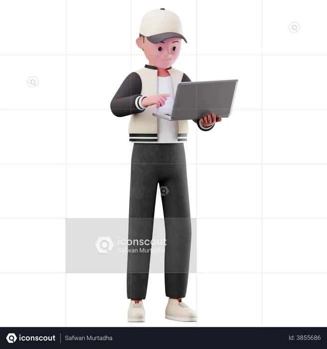Young Boy Character Using A Laptop  3D Illustration