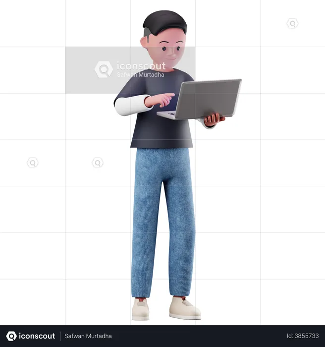 Young Boy Character Using A Laptop  3D Illustration