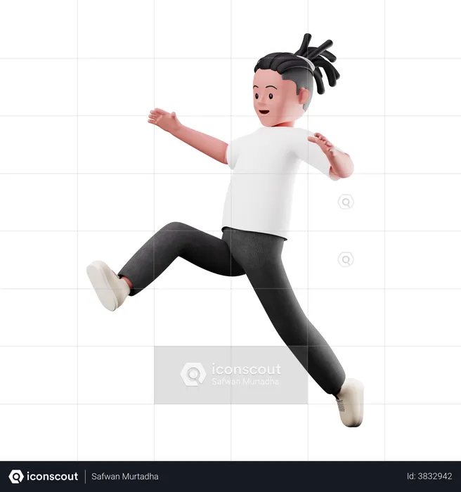 Young Boy Character with Long Jumping Pose  3D Illustration