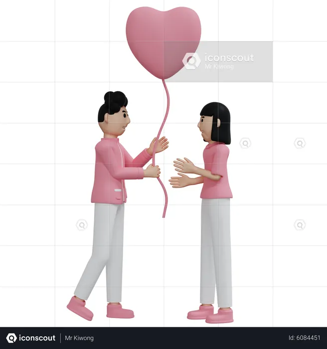 Young boy giving heart balloon to girl  3D Illustration