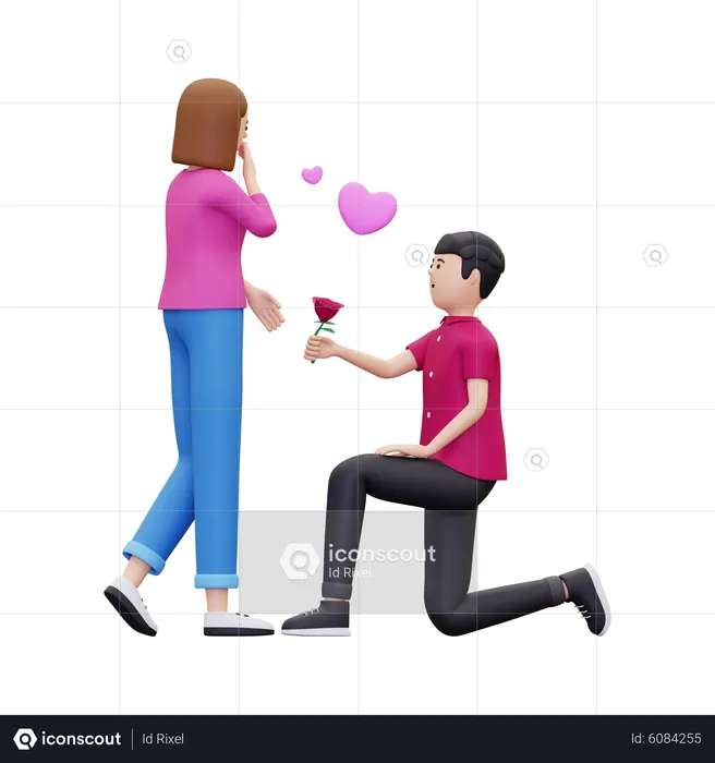 Young boy giving rose to girl  3D Illustration