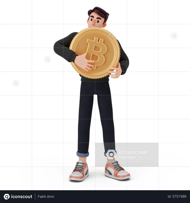 Young boy holding bitcoin  3D Illustration