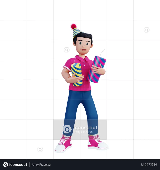 Young Boy Holding Firecrackers In Hand  3D Illustration