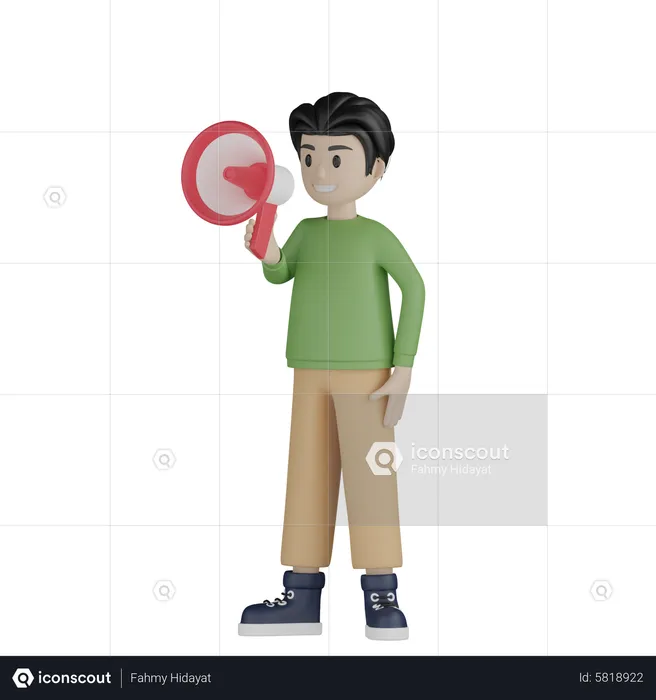 Young boy holding megaphone and announcing something  3D Illustration